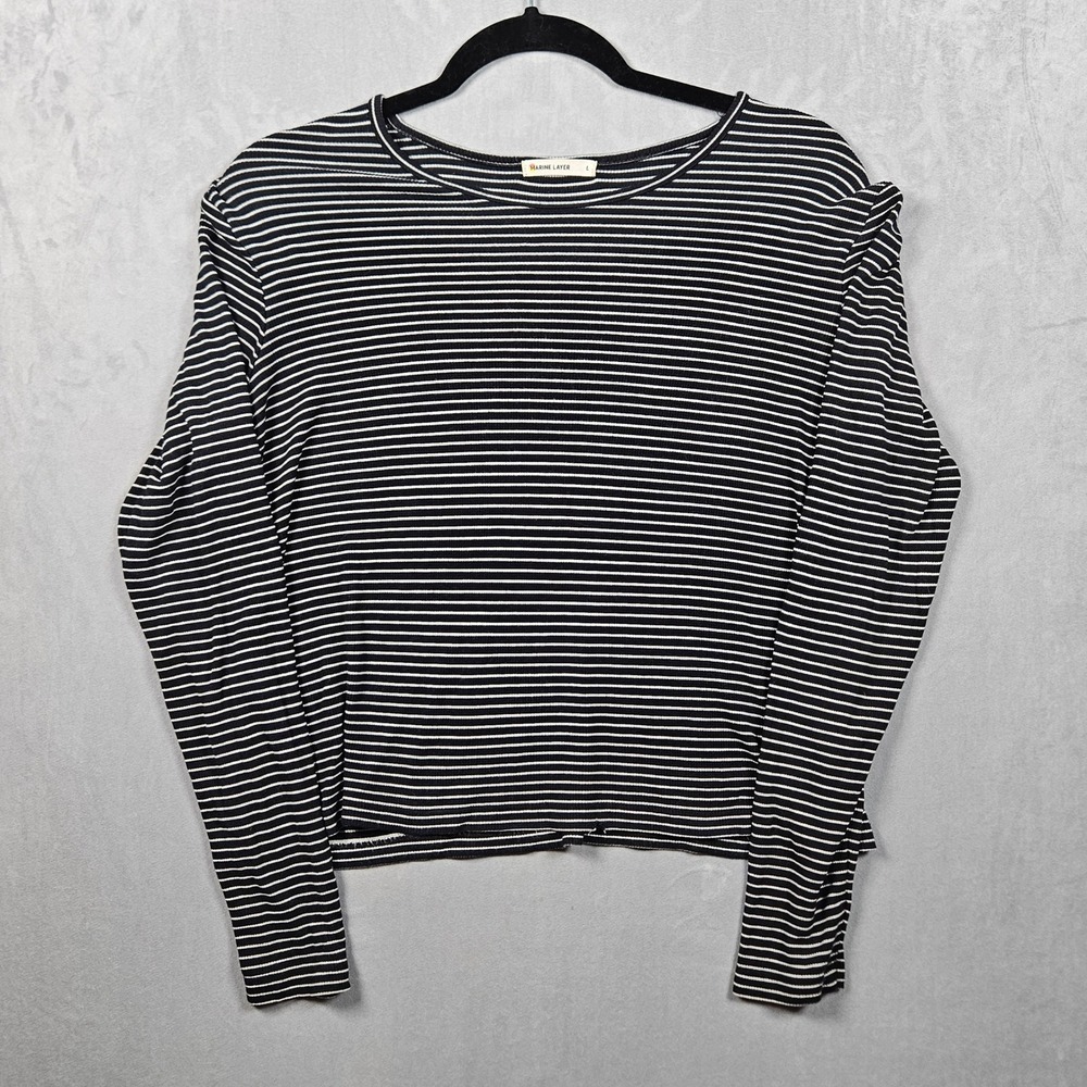 Marine‎ Layer Lexi Rib Crew Top Womens Large Black Striped Long Sleeve T-Shirt